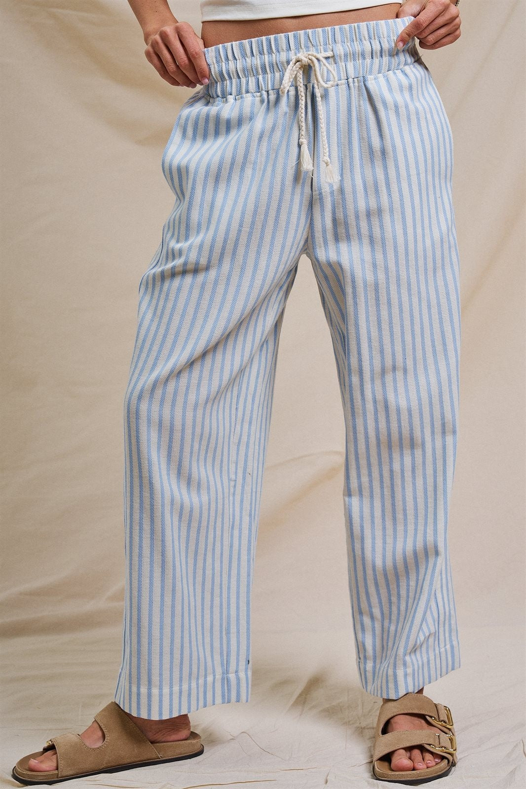 Cotton Stripe Wide Leg Drawstring Pants in Ivory Blue - Women's Pants | Urban Daizy