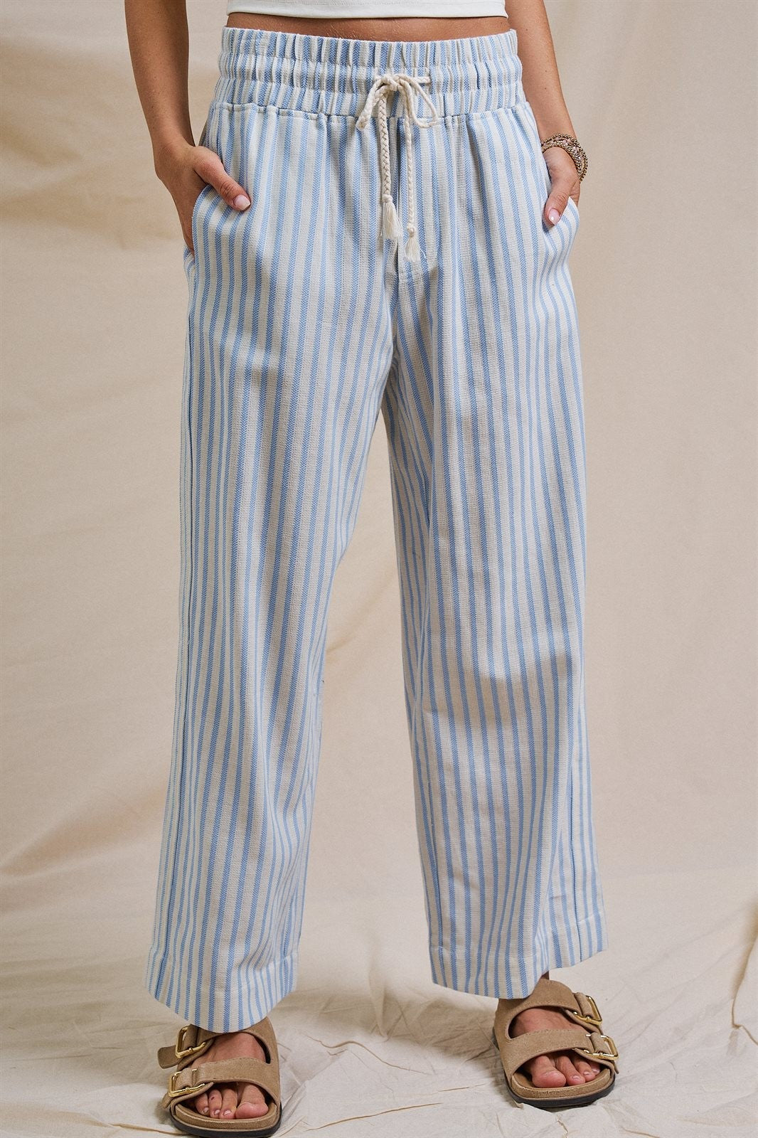 Cotton Stripe Wide Leg Drawstring Pants in Ivory Blue - Women's Pants | Urban Daizy
