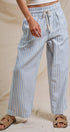 Cotton Stripe Wide Leg Drawstring Pants in Ivory Blue - Women's Pants | Urban Daizy