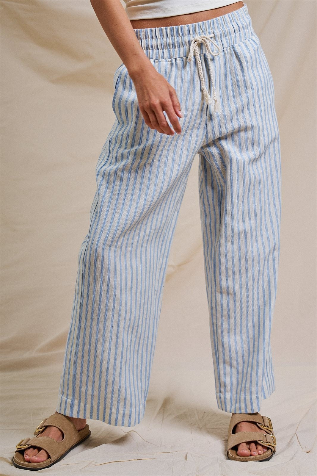Cotton Stripe Wide Leg Drawstring Pants in Ivory Blue - Women's Pants | Urban Daizy
