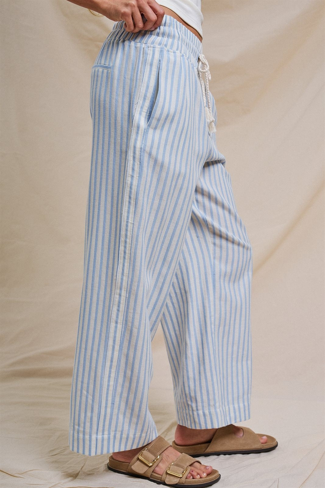 Cotton Stripe Wide Leg Drawstring Pants in Ivory Blue - Women's Pants | Urban Daizy