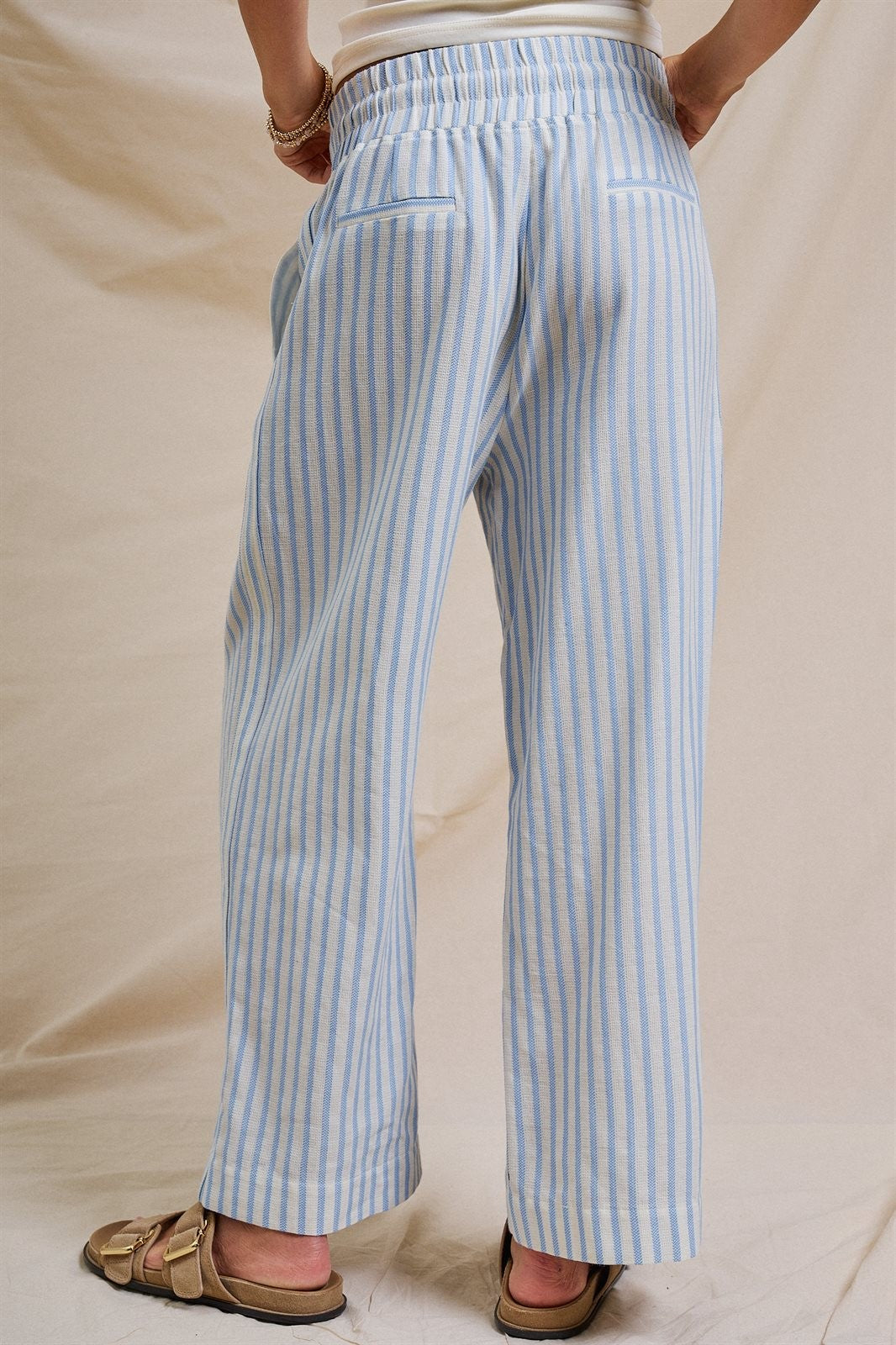 Cotton Stripe Wide Leg Drawstring Pants in Ivory Blue - Women's Pants | Urban Daizy
