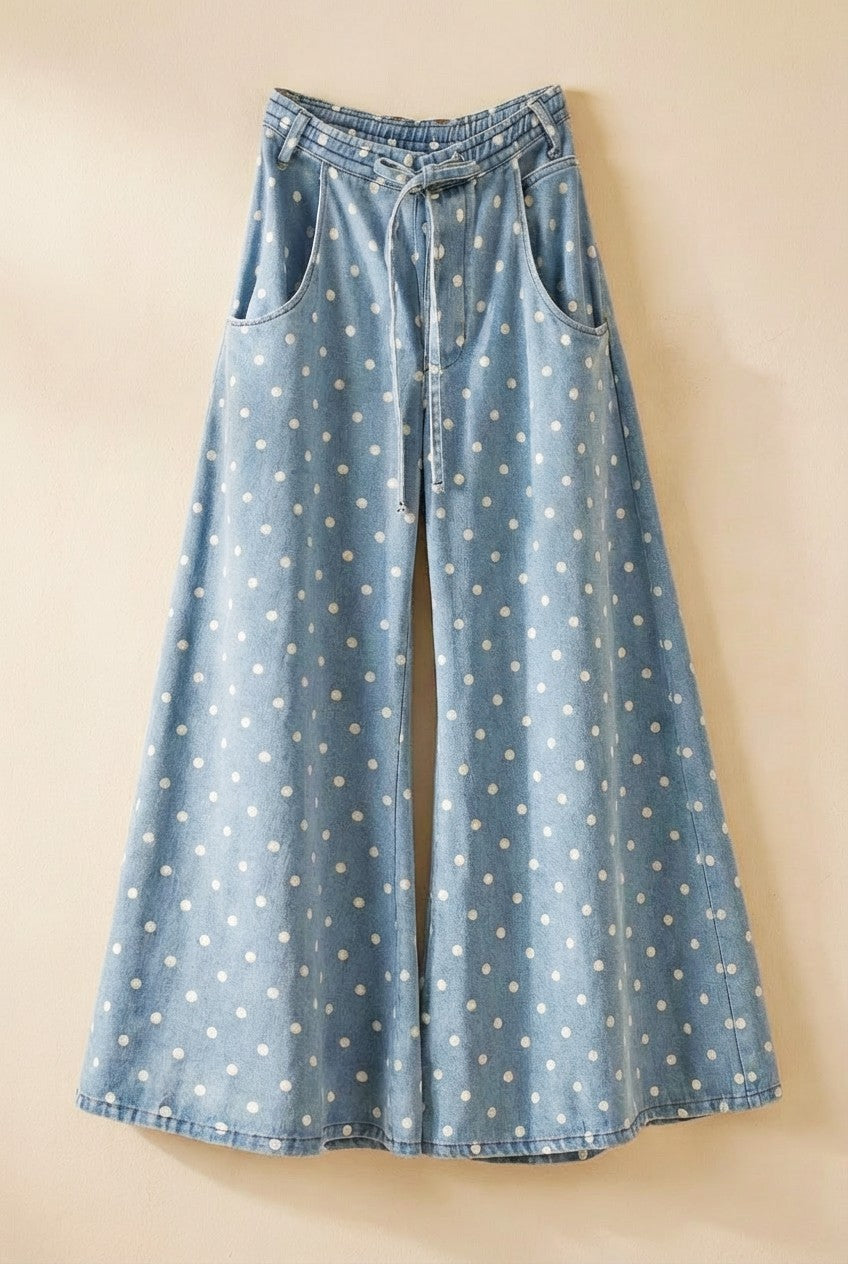 Polka Dot Wide-Leg Denim Pants in Cotton in Lt Denim - Women's Pants | Urban Daizy