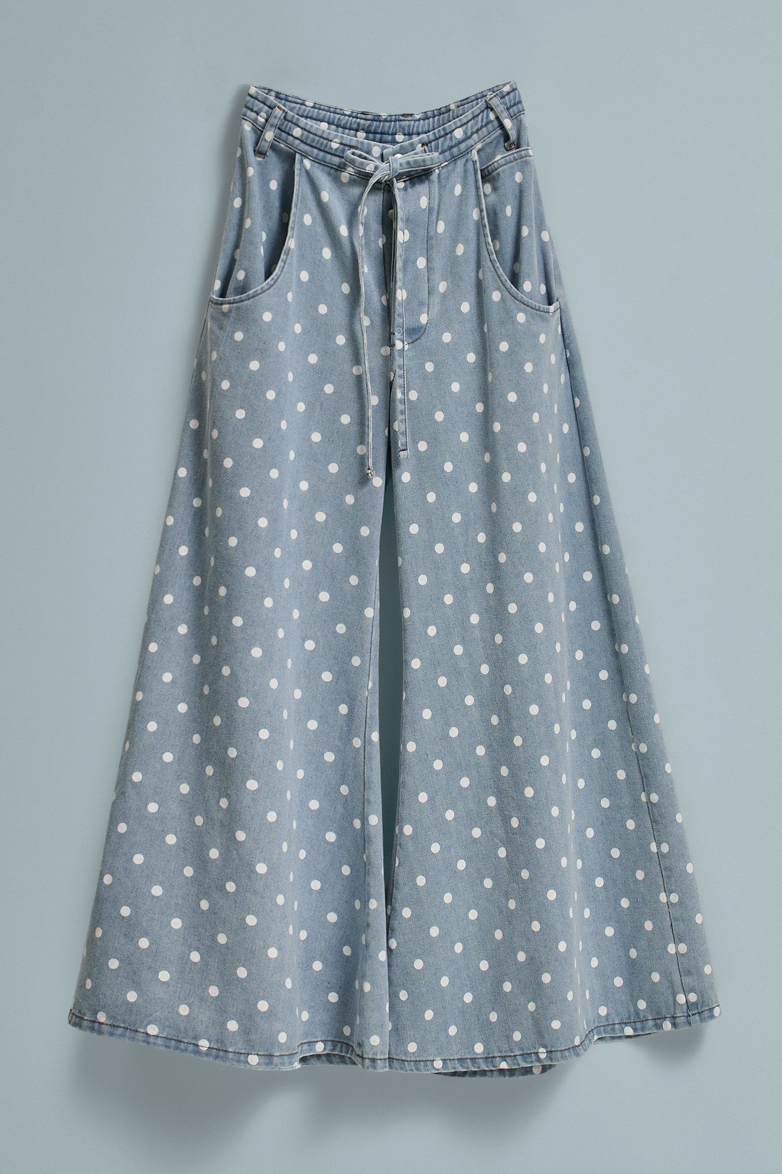 Polka Dot Wide-Leg Denim Pants in Cotton in Lt Denim - Women's Pants | Urban Daizy