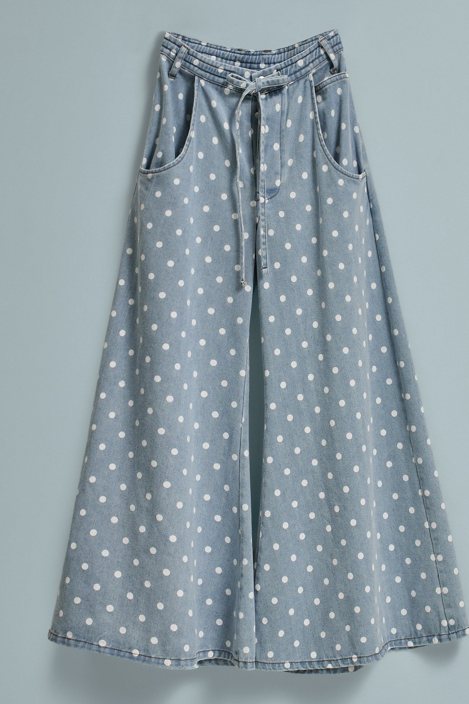 Polka Dot Wide-Leg Denim Pants in Cotton in Lt Denim - Women's Pants | Urban Daizy