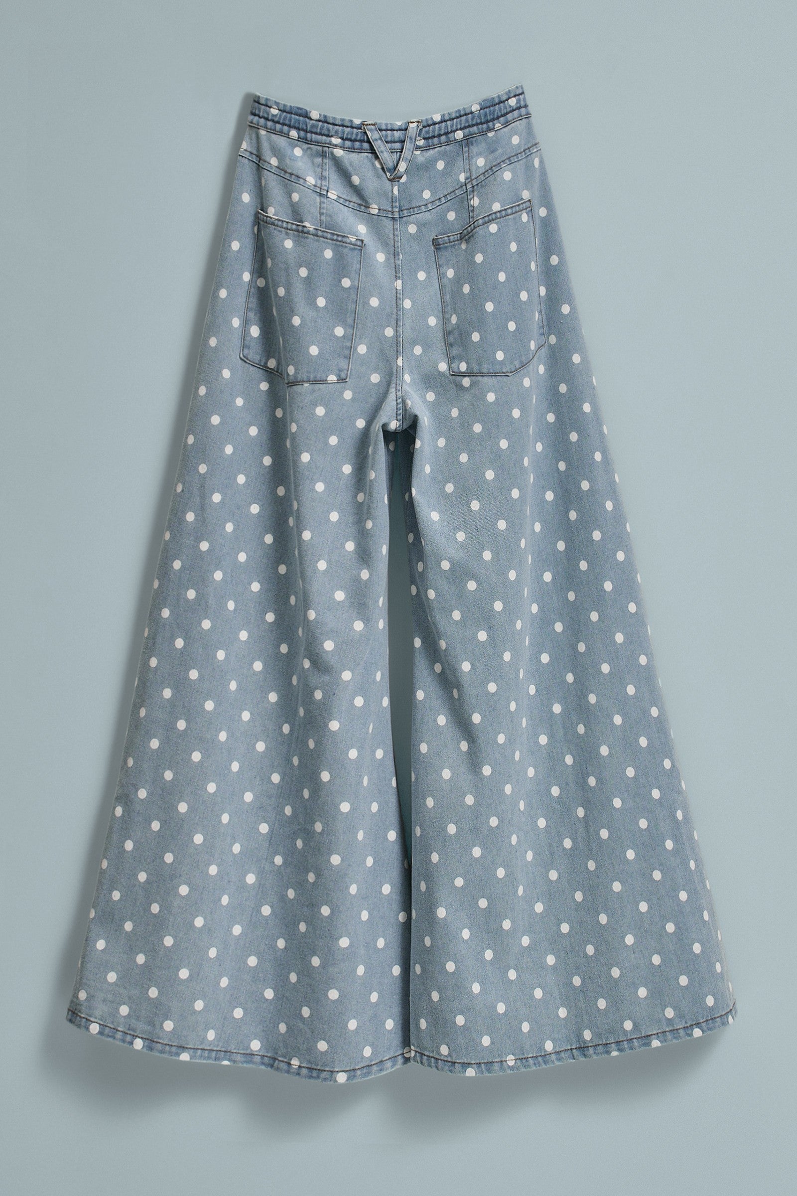 Polka Dot Wide-Leg Denim Pants in Cotton in Lt Denim - Women's Pants | Urban Daizy