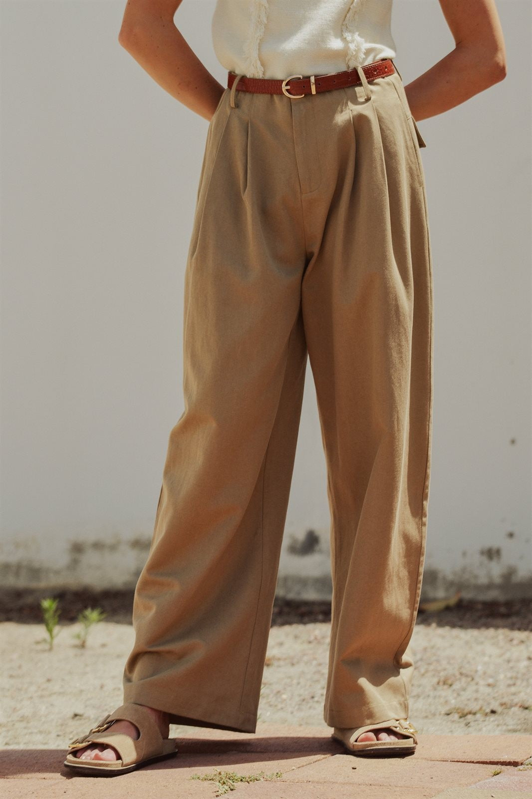 Lyocell Cotton Pleated High-Rise Wide Leg Trouser in Taupe	 - Women's Pants | Urban Daizy