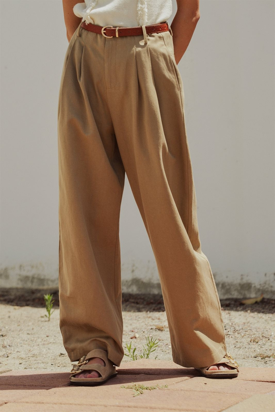 Lyocell Cotton Pleated High-Rise Wide Leg Trouser in Taupe	 - Women's Pants | Urban Daizy