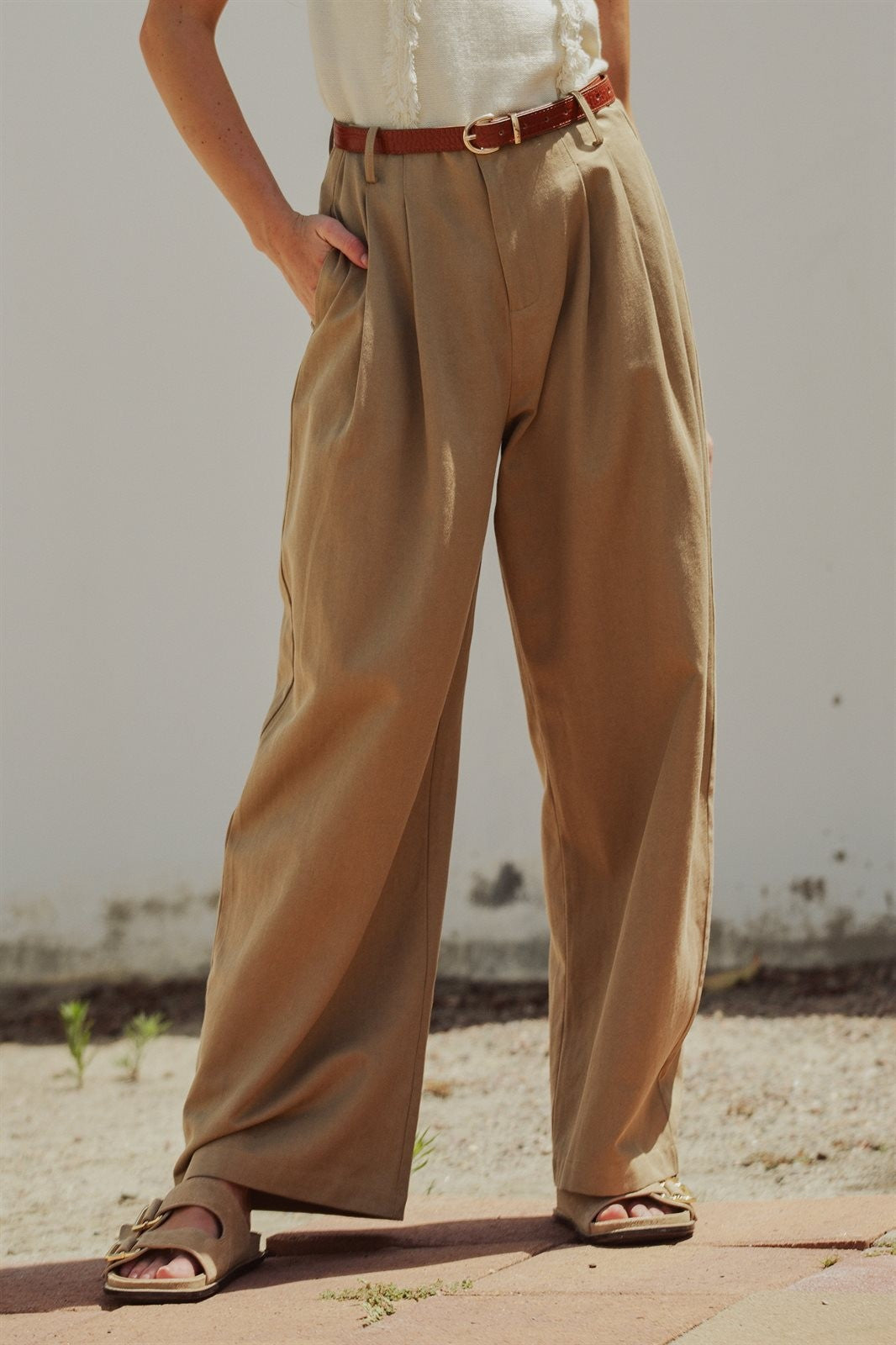 Lyocell Cotton Pleated High-Rise Wide Leg Trouser in Taupe	 - Women's Pants | Urban Daizy
