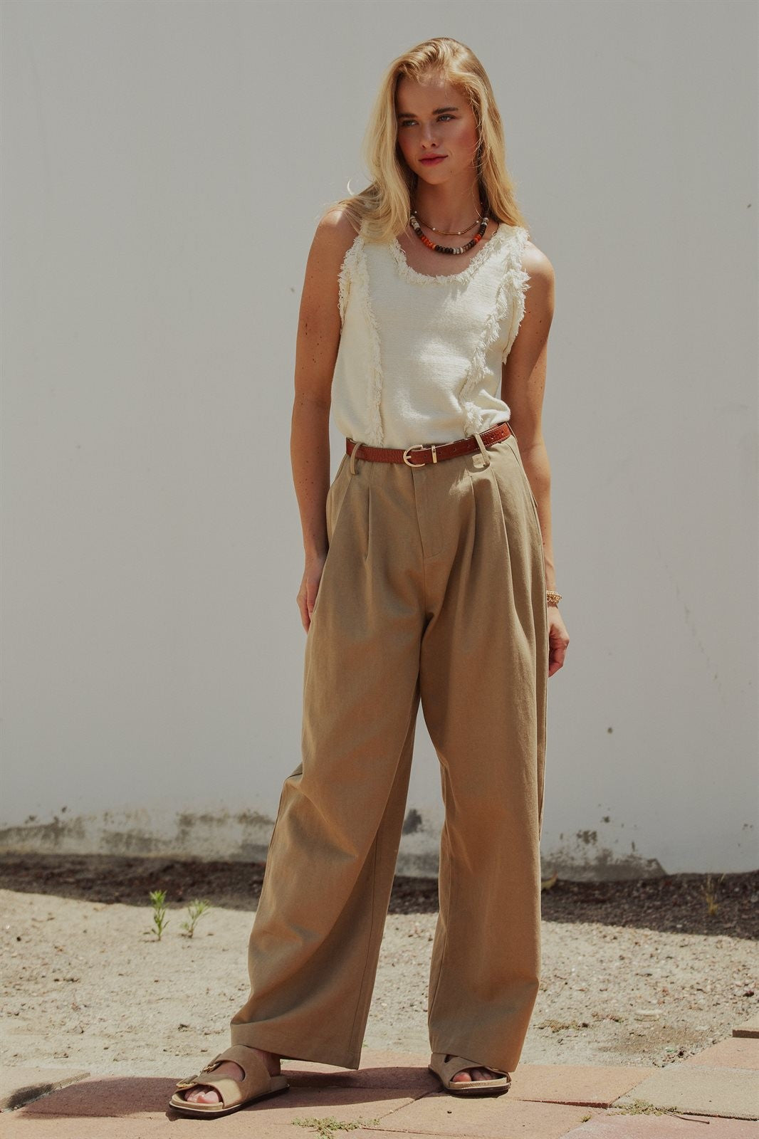 Lyocell Cotton Pleated High-Rise Wide Leg Trouser in Taupe	 - Women's Pants | Urban Daizy