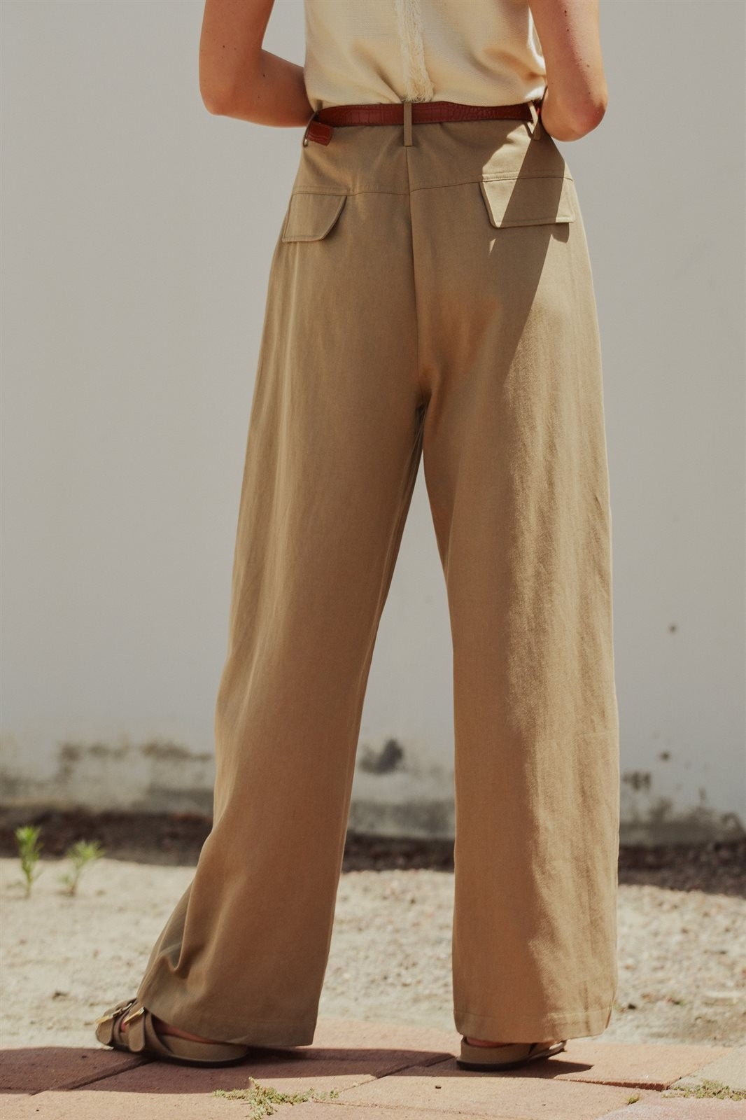 Lyocell Cotton Pleated High-Rise Wide Leg Trouser in Taupe	 - Women's Pants | Urban Daizy