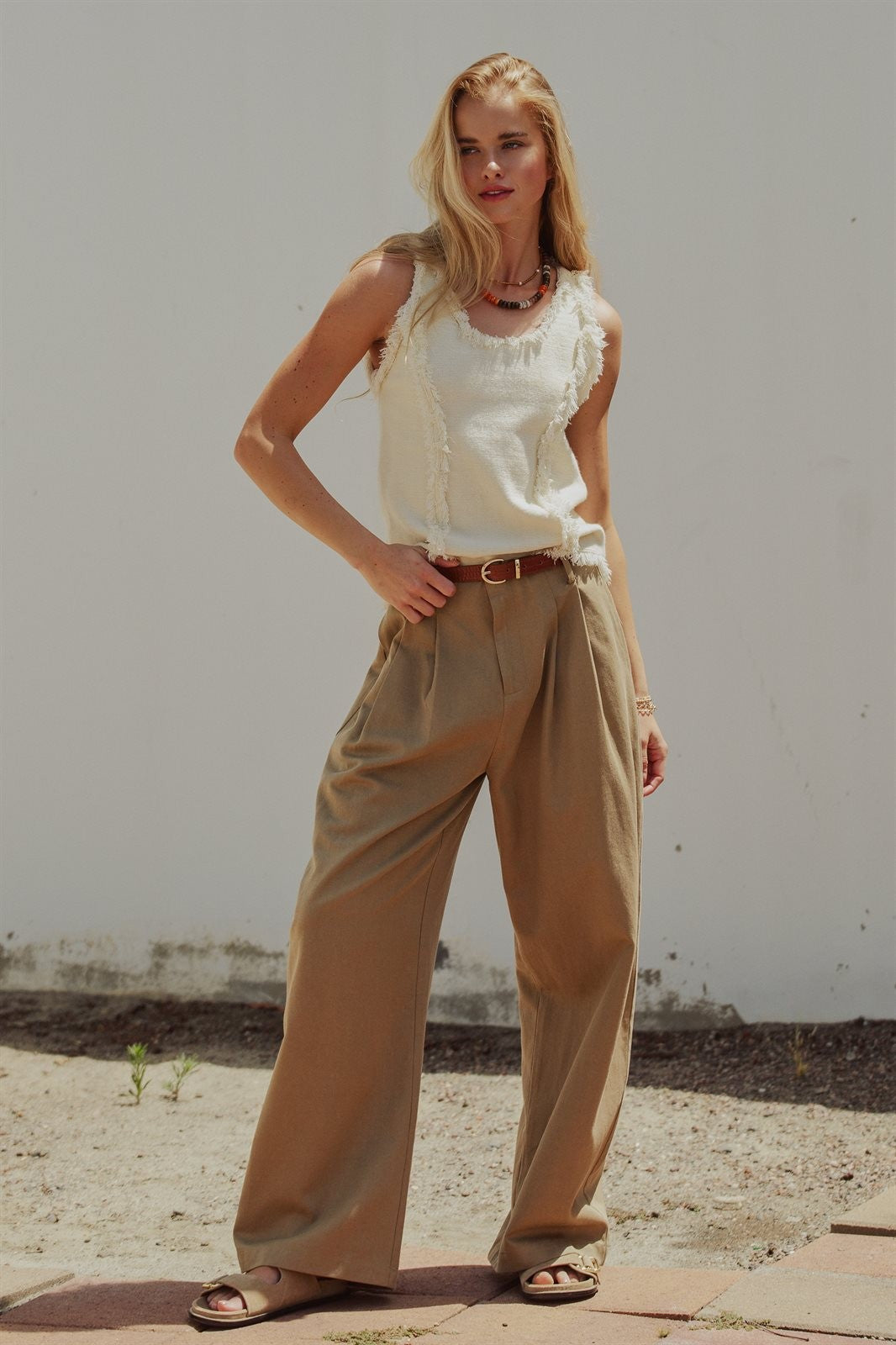 Lyocell Cotton Pleated High-Rise Wide Leg Trouser in Taupe	 - Women's Pants | Urban Daizy
