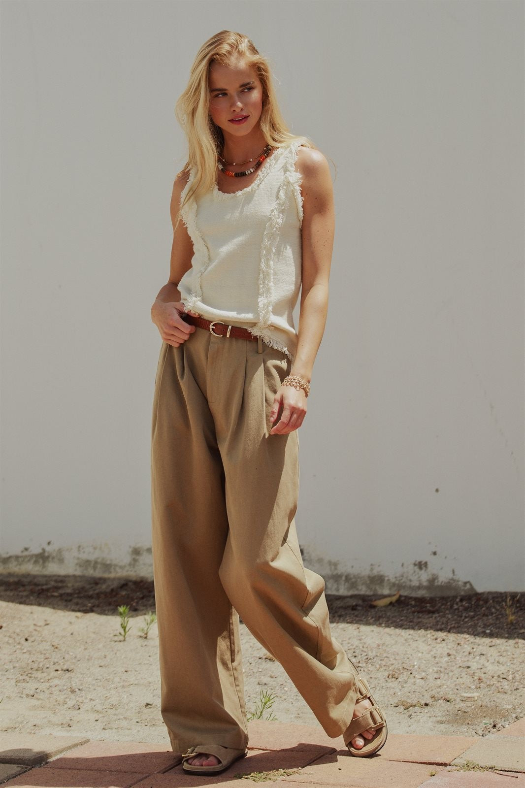 Lyocell Cotton Pleated High-Rise Wide Leg Trouser in Taupe	 - Women's Pants | Urban Daizy