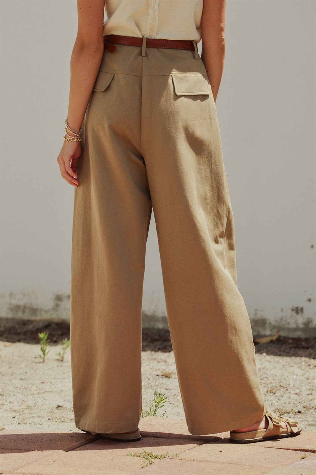 Lyocell Cotton Pleated High-Rise Wide Leg Trouser in Taupe	 - Women's Pants | Urban Daizy