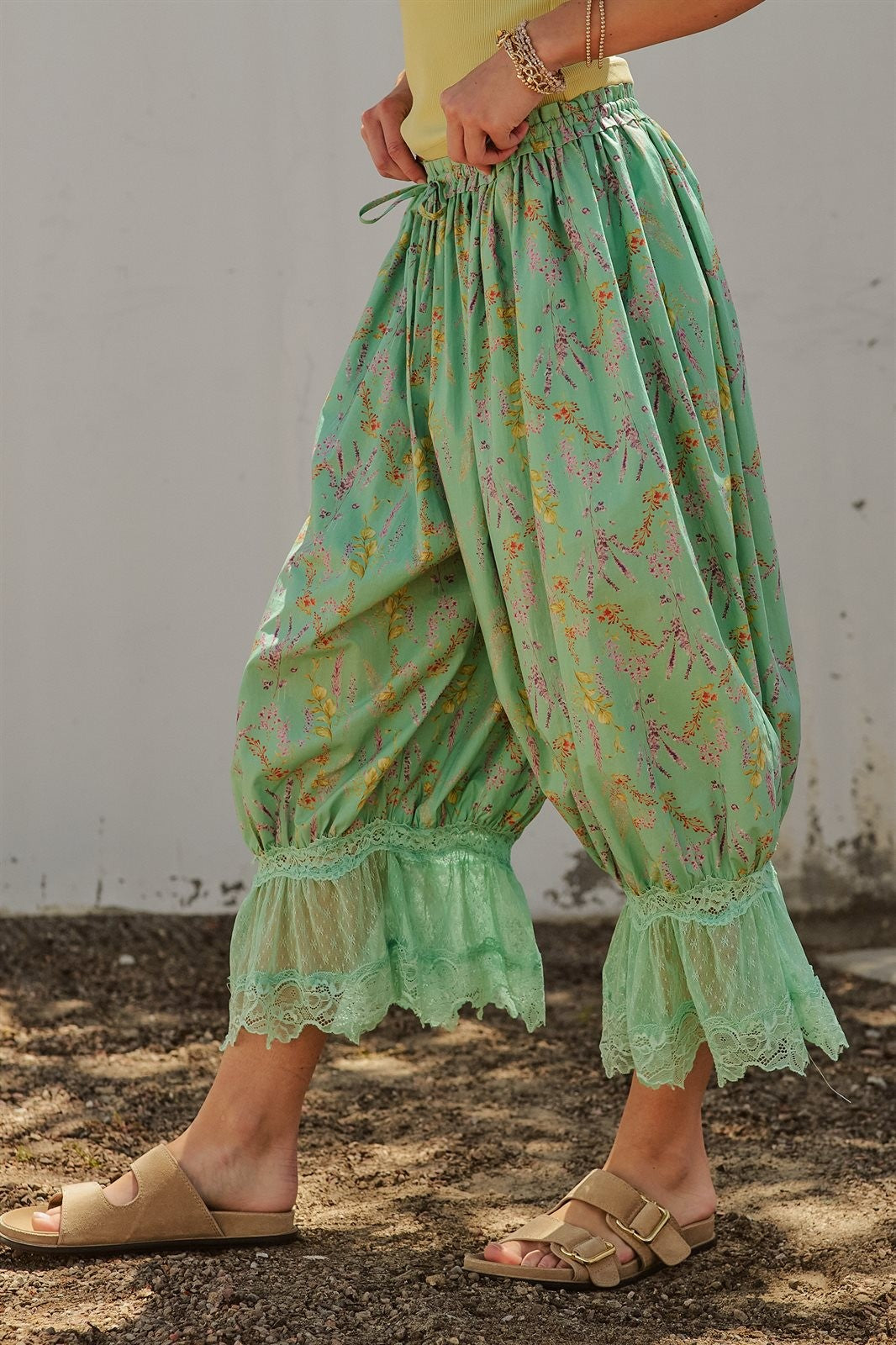 Wildflower Floral Lace Hem Cotton Bloomer Pants in Green - Women's Pants | Urban Daizy