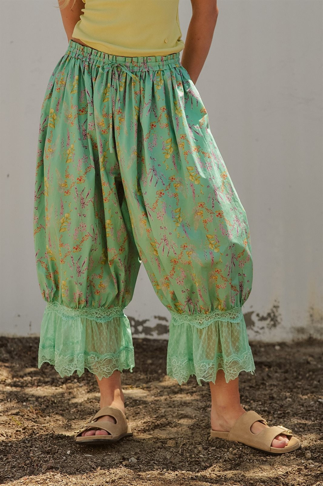 Wildflower Floral Lace Hem Cotton Bloomer Pants in Green - Women's Pants | Urban Daizy