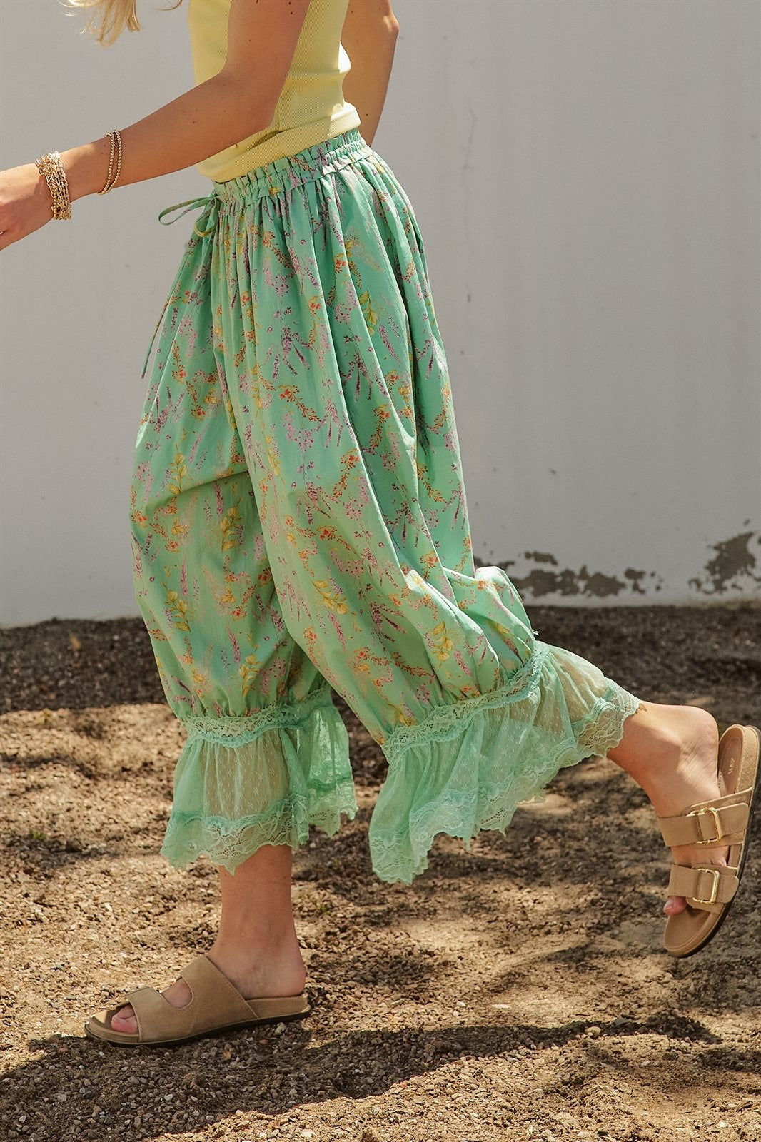 Wildflower Floral Lace Hem Cotton Bloomer Pants in Green - Women's Pants | Urban Daizy