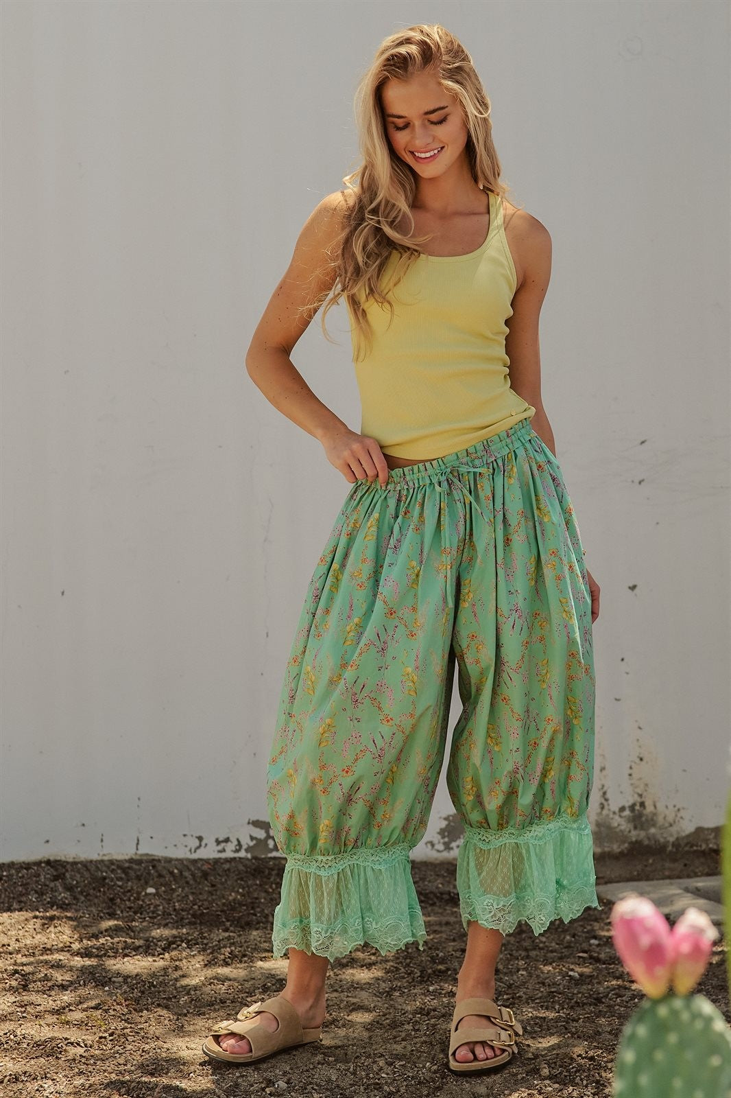 Wildflower Floral Lace Hem Cotton Bloomer Pants in Green - Women's Pants | Urban Daizy