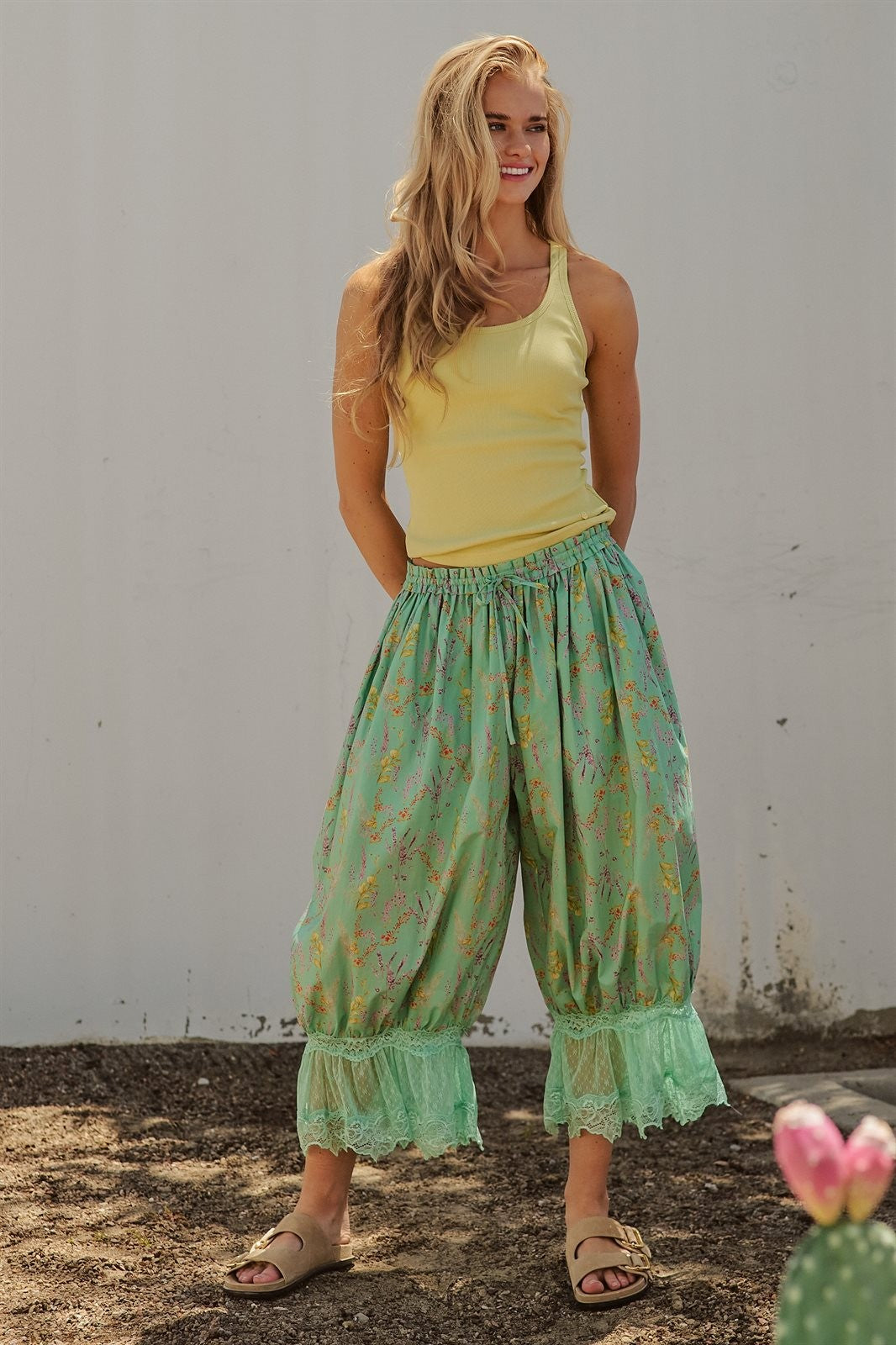 Wildflower Floral Lace Hem Cotton Bloomer Pants in Green - Women's Pants | Urban Daizy