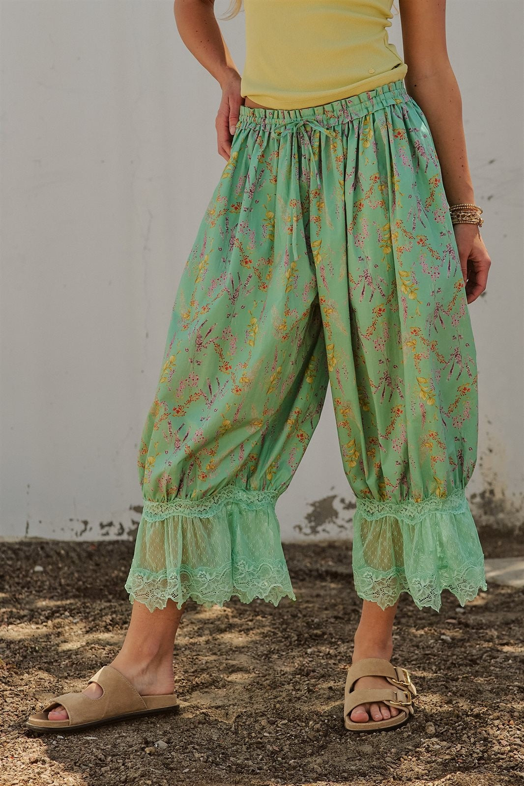 Wildflower Floral Lace Hem Cotton Bloomer Pants in Green - Women's Pants | Urban Daizy