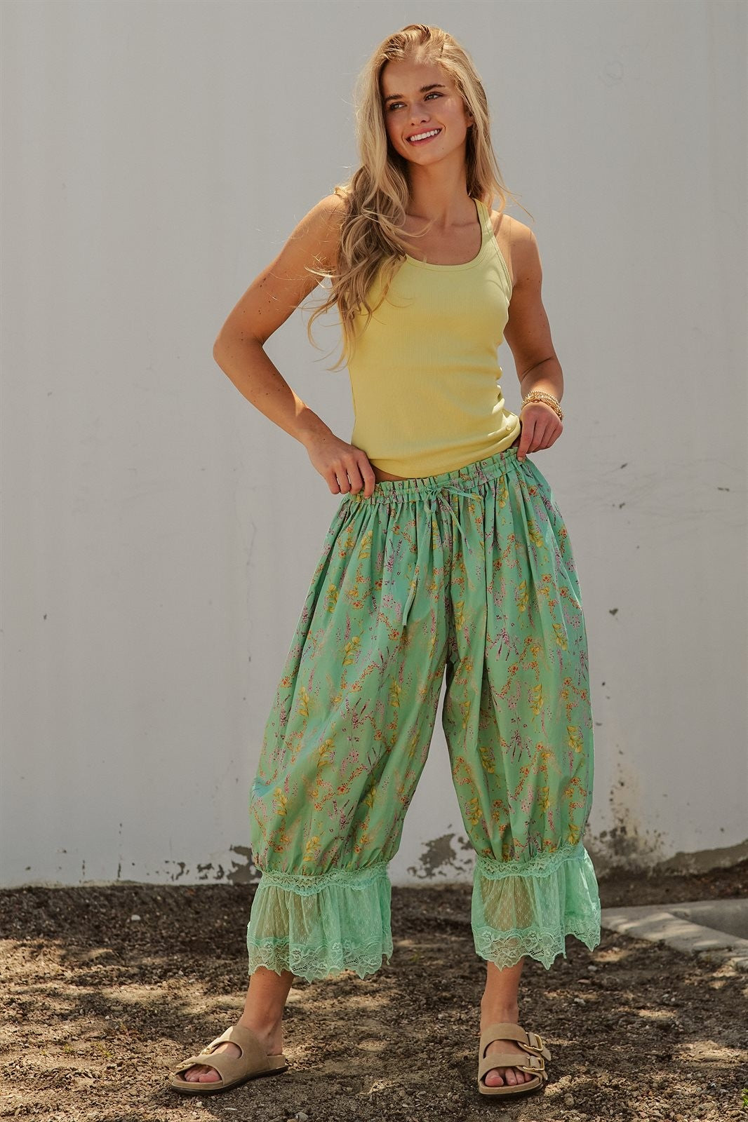 Wildflower Floral Lace Hem Cotton Bloomer Pants in Green - Women's Pants | Urban Daizy