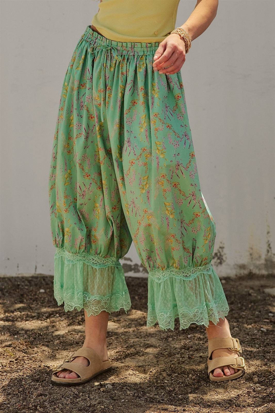 Wildflower Floral Lace Hem Cotton Bloomer Pants in Green - Women's Pants | Urban Daizy