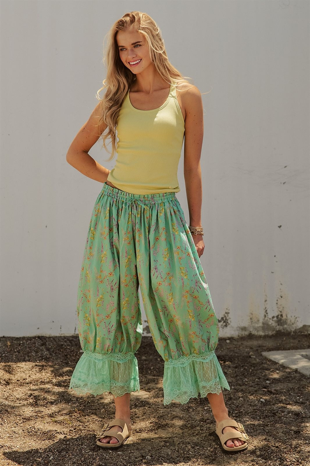 Wildflower Floral Lace Hem Cotton Bloomer Pants in Green - Women's Pants | Urban Daizy