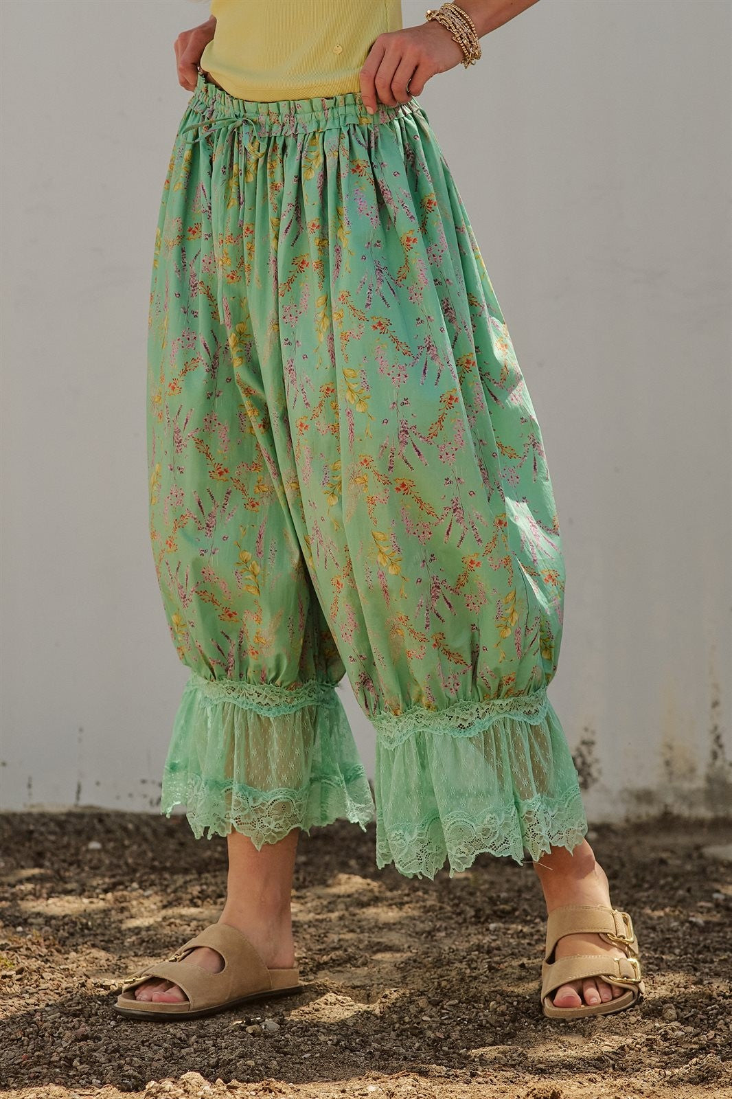 Wildflower Floral Lace Hem Cotton Bloomer Pants in Green - Women's Pants | Urban Daizy