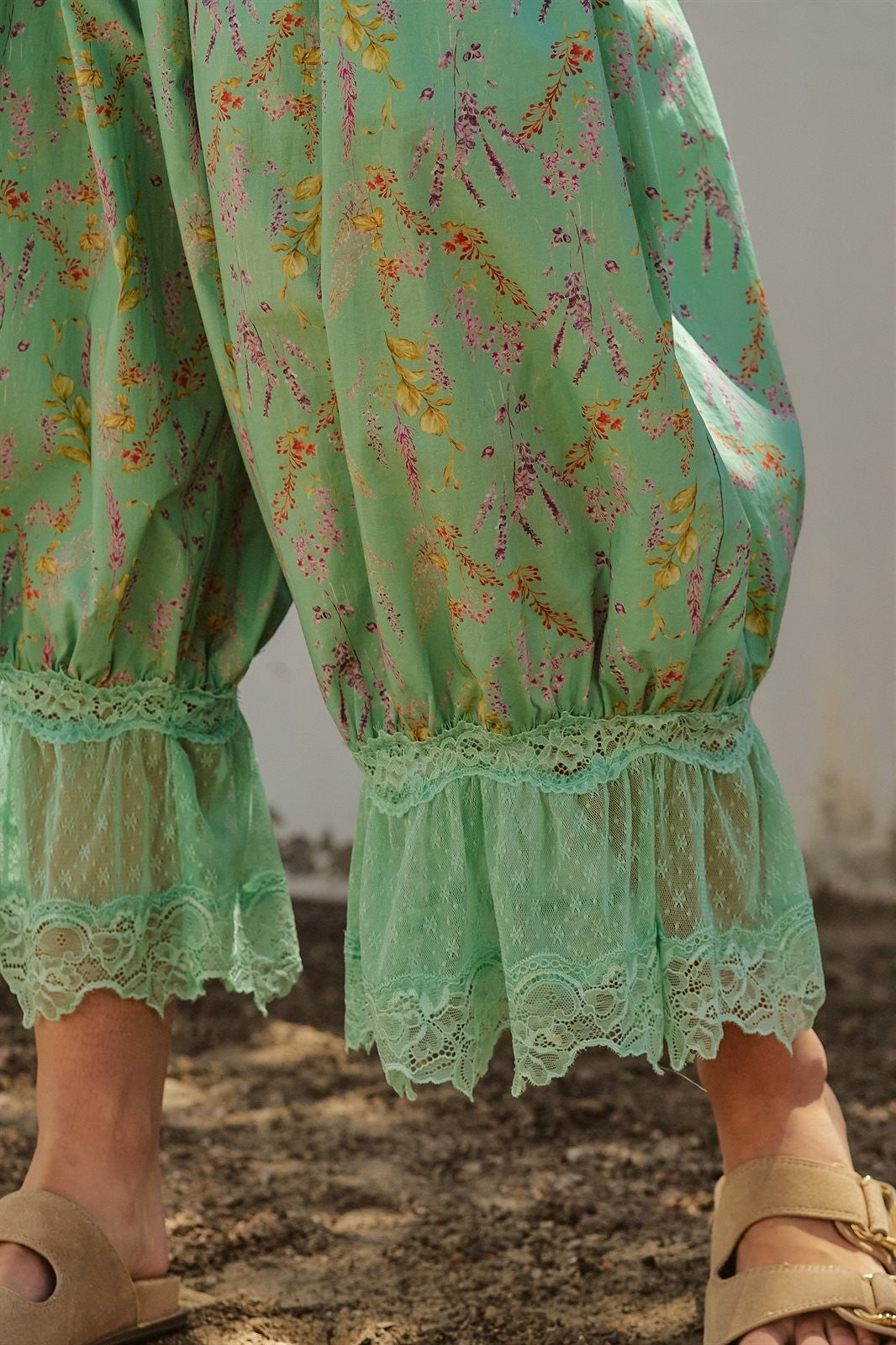 Wildflower Floral Lace Hem Cotton Bloomer Pants in Green - Women's Pants | Urban Daizy