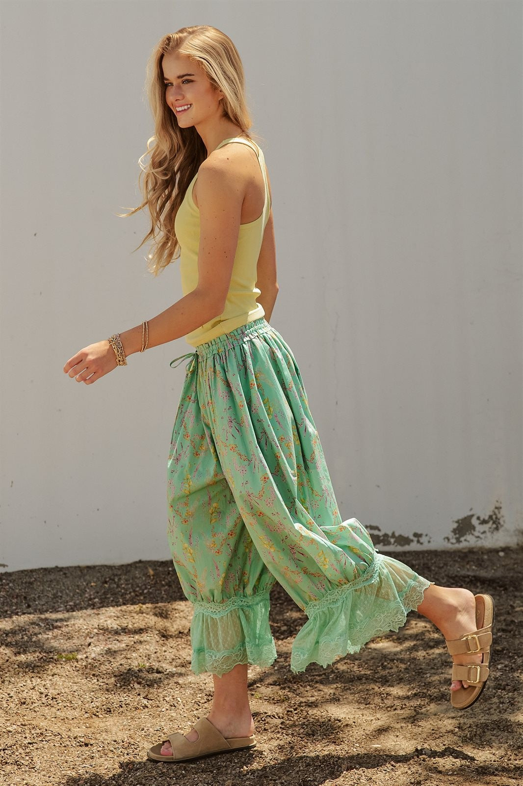 Wildflower Floral Lace Hem Cotton Bloomer Pants in Green - Women's Pants | Urban Daizy