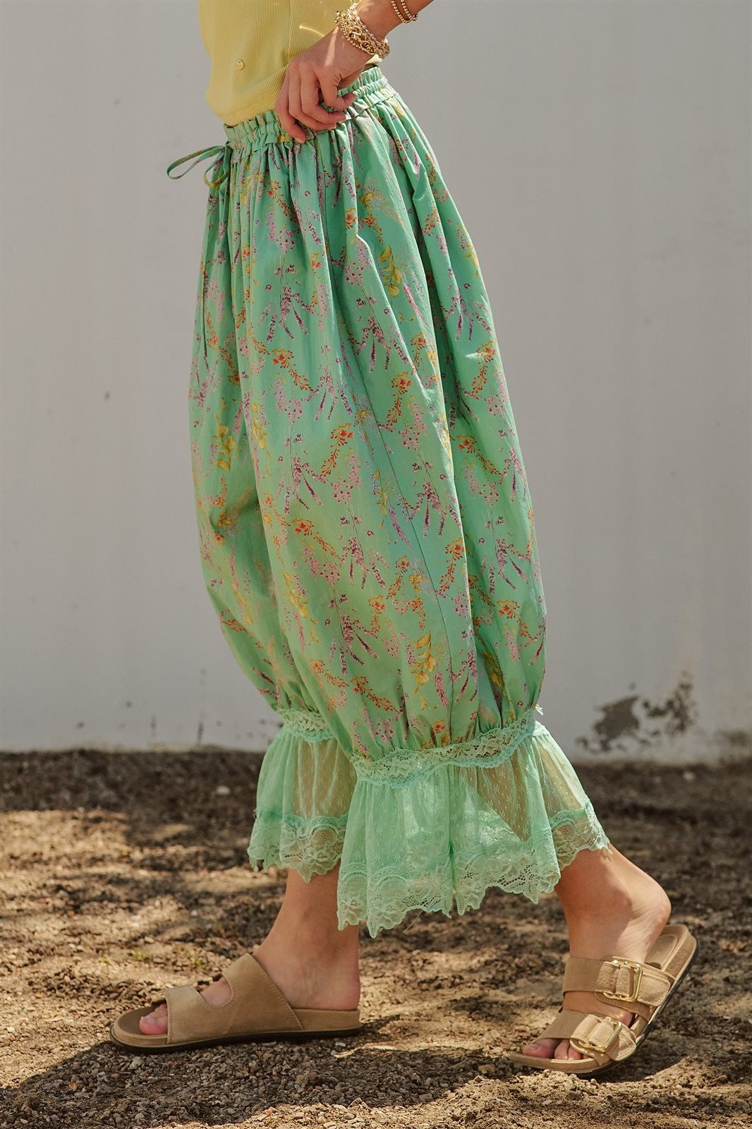 Wildflower Floral Lace Hem Cotton Bloomer Pants in Green - Women's Pants | Urban Daizy