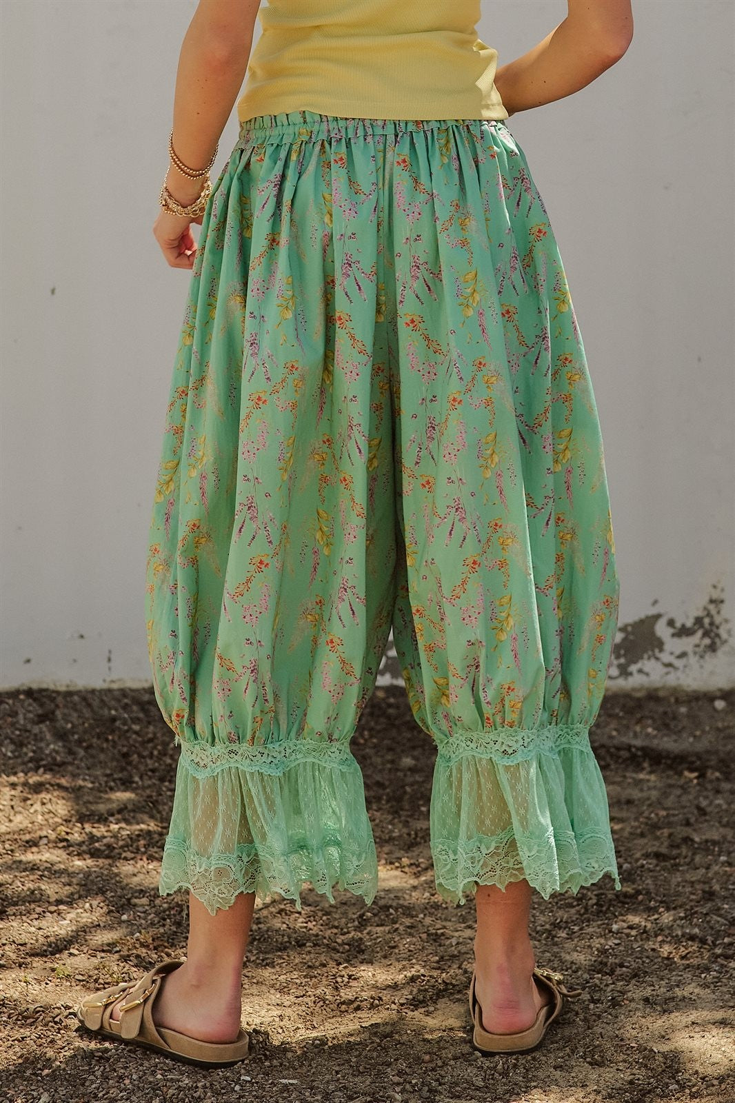 Wildflower Floral Lace Hem Cotton Bloomer Pants in Green - Women's Pants | Urban Daizy