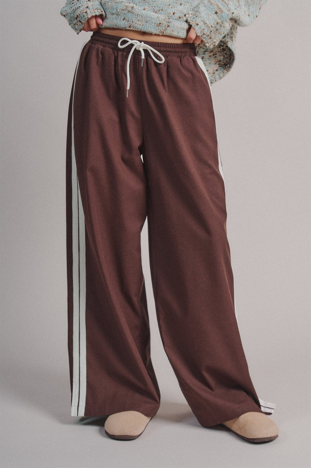 Wide Leg Side Stripe Linen Track Pant in Brown - Women's Casual Pants | Urban Daizy