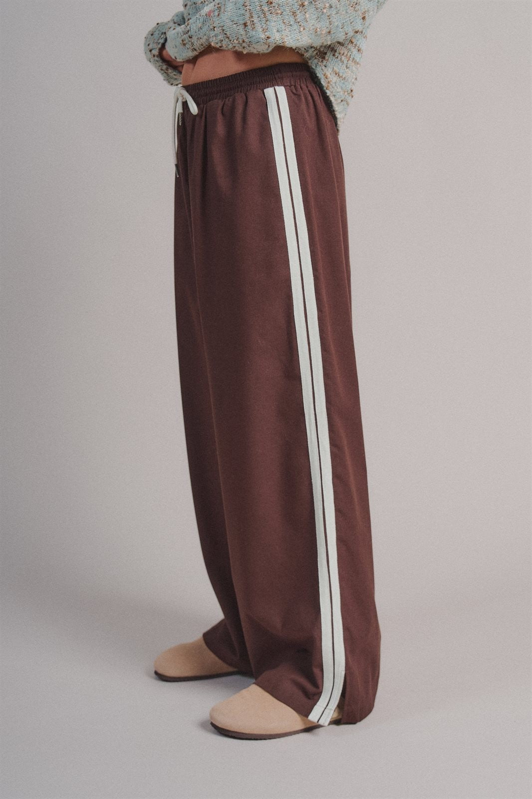Wide Leg Side Stripe Linen Track Pant in Brown - Women's Casual Pants | Urban Daizy