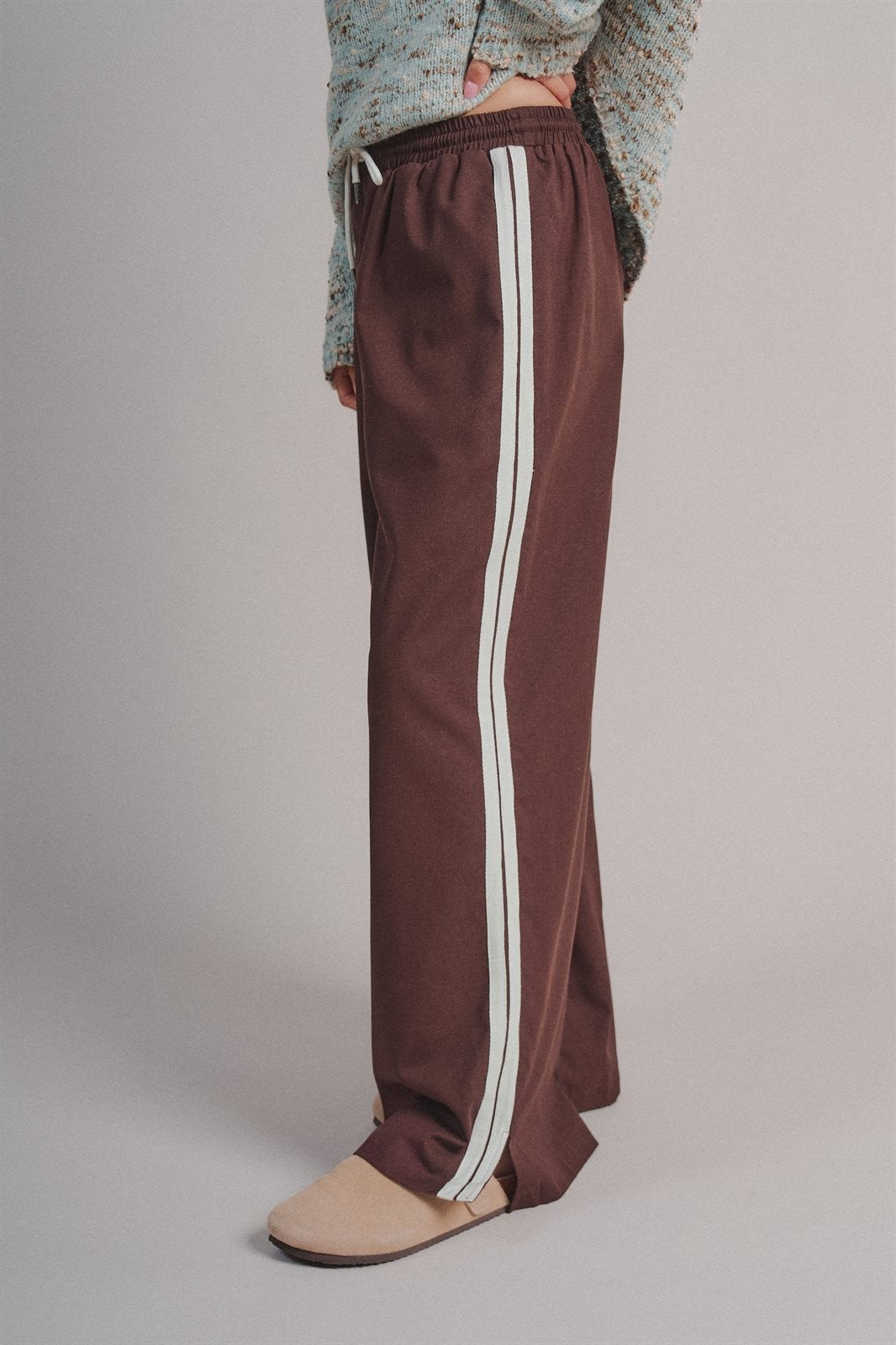 Wide Leg Side Stripe Linen Track Pant in Brown - Women's Casual Pants | Urban Daizy