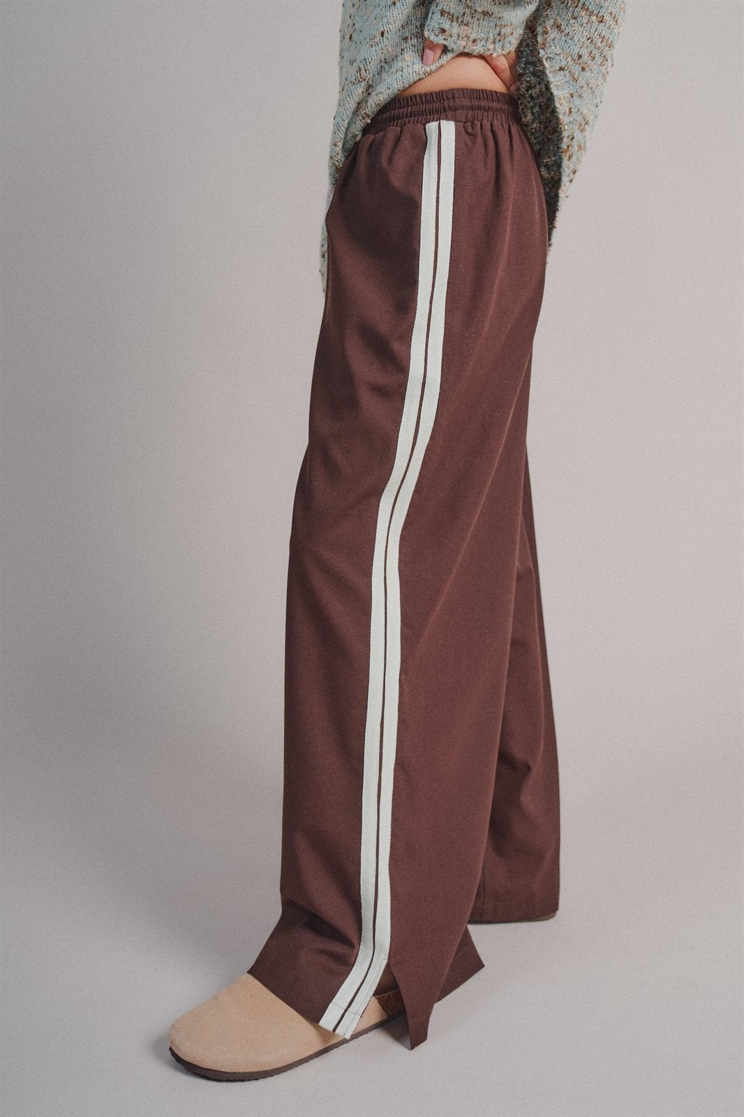 Wide Leg Side Stripe Linen Track Pant in Brown - Women's Casual Pants | Urban Daizy