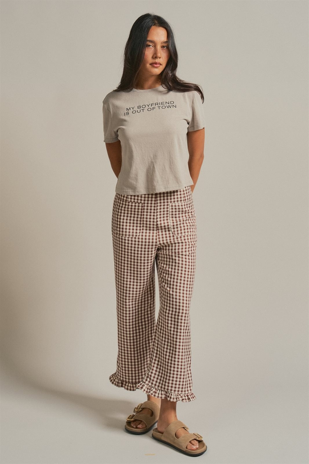 Gingham Ruffle Hem Cropped Wide Leg Pants in Brown - Women's Pants | Urban Daizy