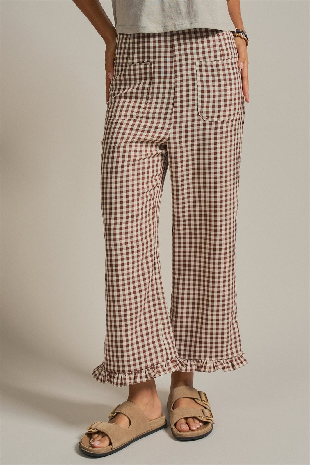 Gingham Ruffle Hem Cropped Wide Leg Pants in Brown - Women's Pants | Urban Daizy