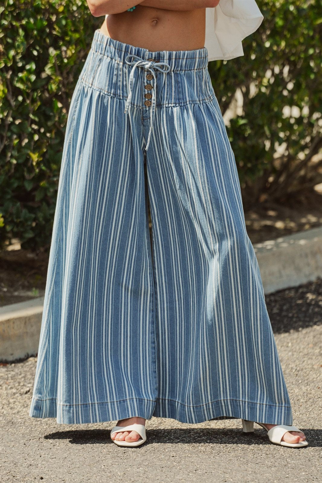 Striped Denim Wide Leg Palazzo Pants in Lt Denim - Women's Pants | Urban Daizy