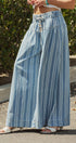 Striped Denim Wide Leg Palazzo Pants in Lt Denim - Women's Pants | Urban Daizy