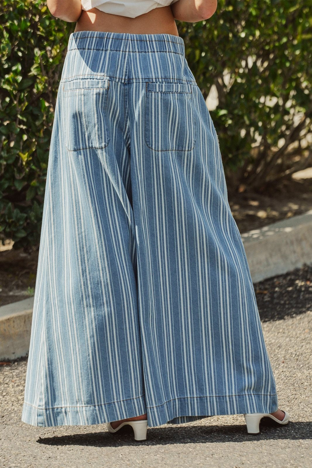 Striped Denim Wide Leg Palazzo Pants in Lt Denim - Women's Pants | Urban Daizy