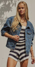 American Flag Patch Denim Trucker Jacket in Denim - Women's Pants | Urban Daizy