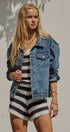 American Flag Patch Denim Trucker Jacket in Denim - Women's Pants | Urban Daizy