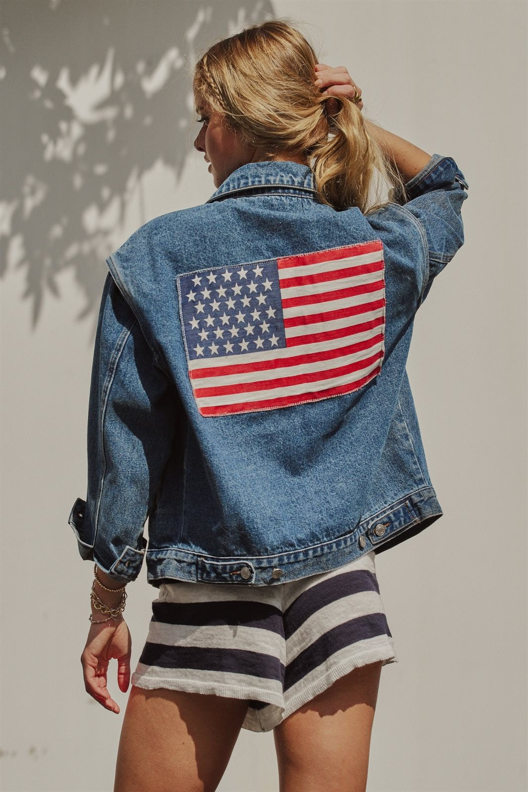 American Flag Patch Denim Trucker Jacket in Denim - Women's Pants | Urban Daizy