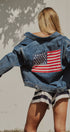 American Flag Patch Denim Trucker Jacket in Denim - Women's Pants | Urban Daizy