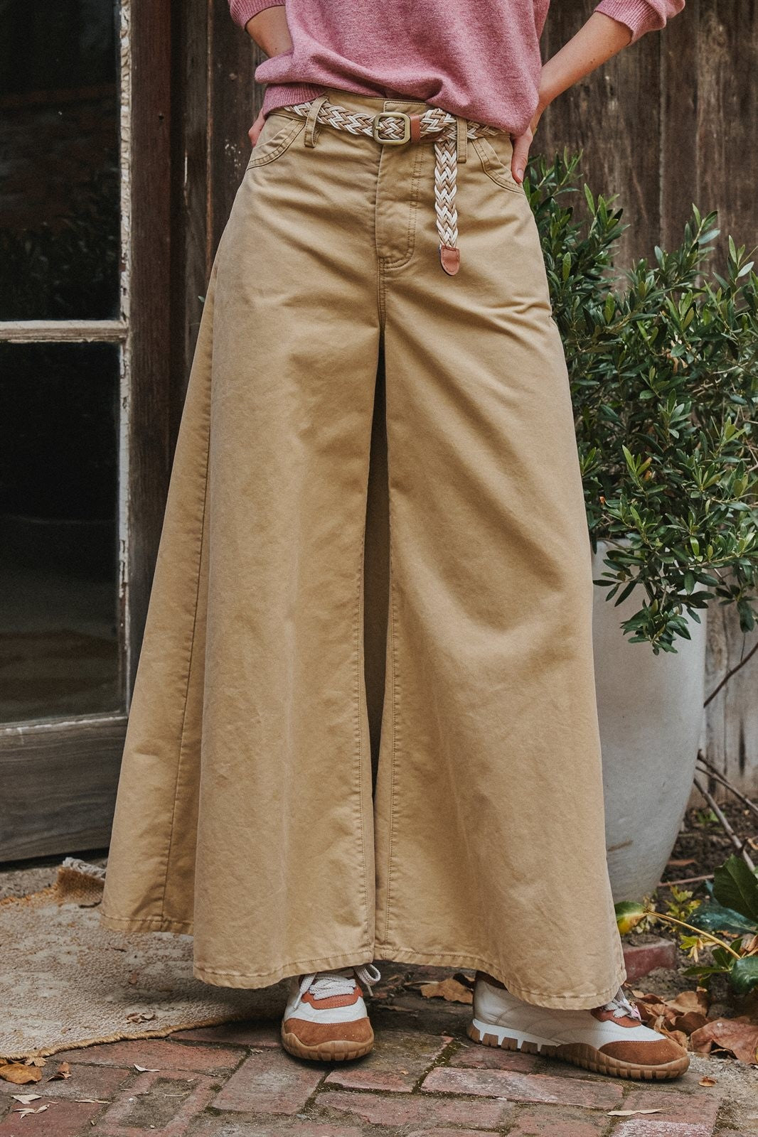 Washed Cotton Wide Leg Palazzo Pants with Belt in Khaki - Women's Casual Pants | Urban Daizy