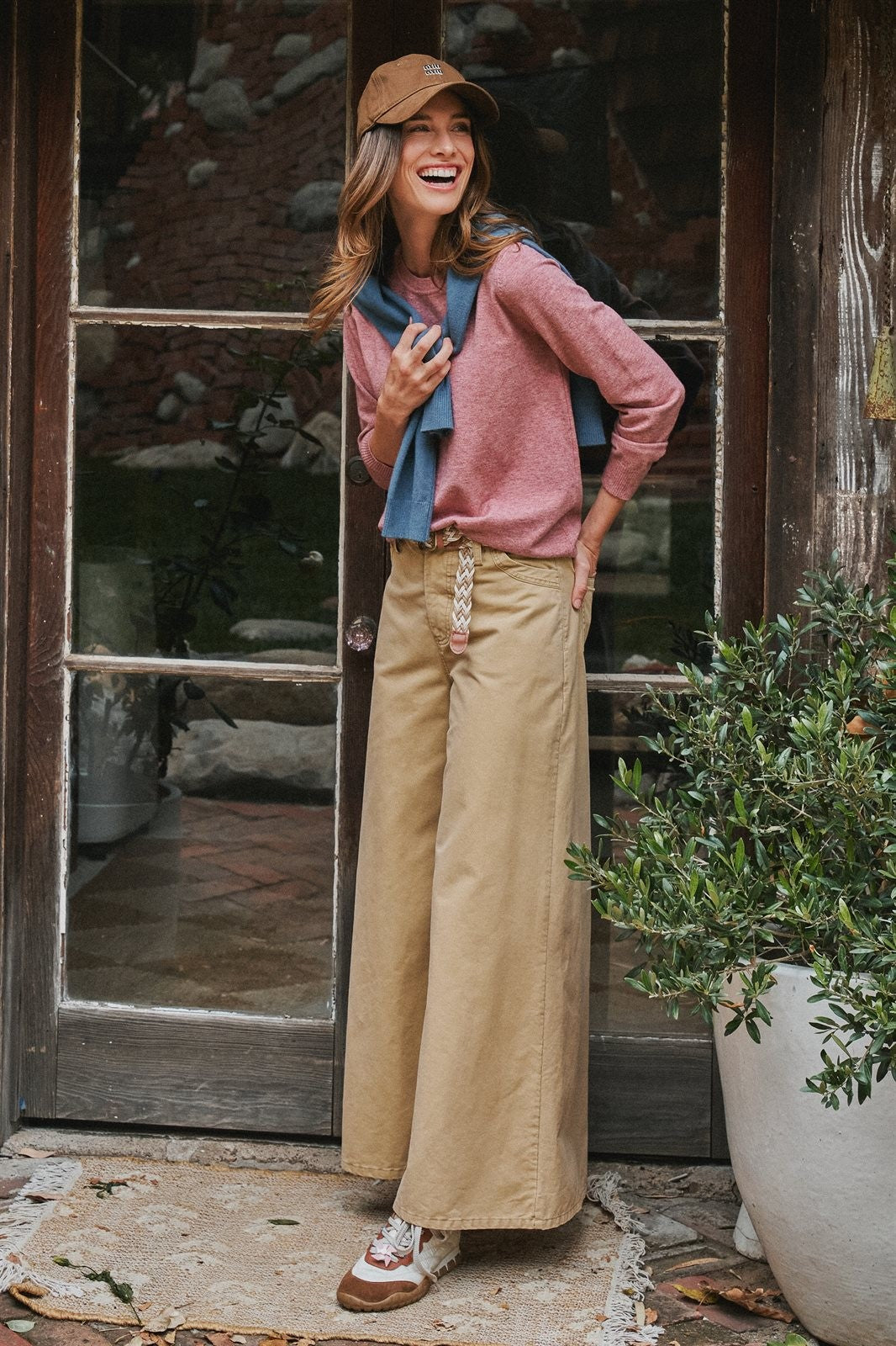 Washed Cotton Wide Leg Palazzo Pants with Belt in Khaki - Women's Casual Pants | Urban Daizy