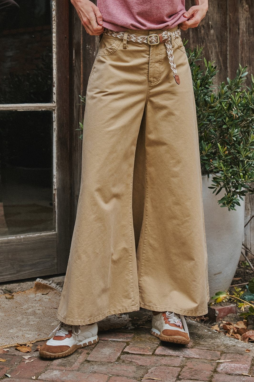 Washed Cotton Wide Leg Palazzo Pants with Belt in Khaki - Women's Casual Pants | Urban Daizy