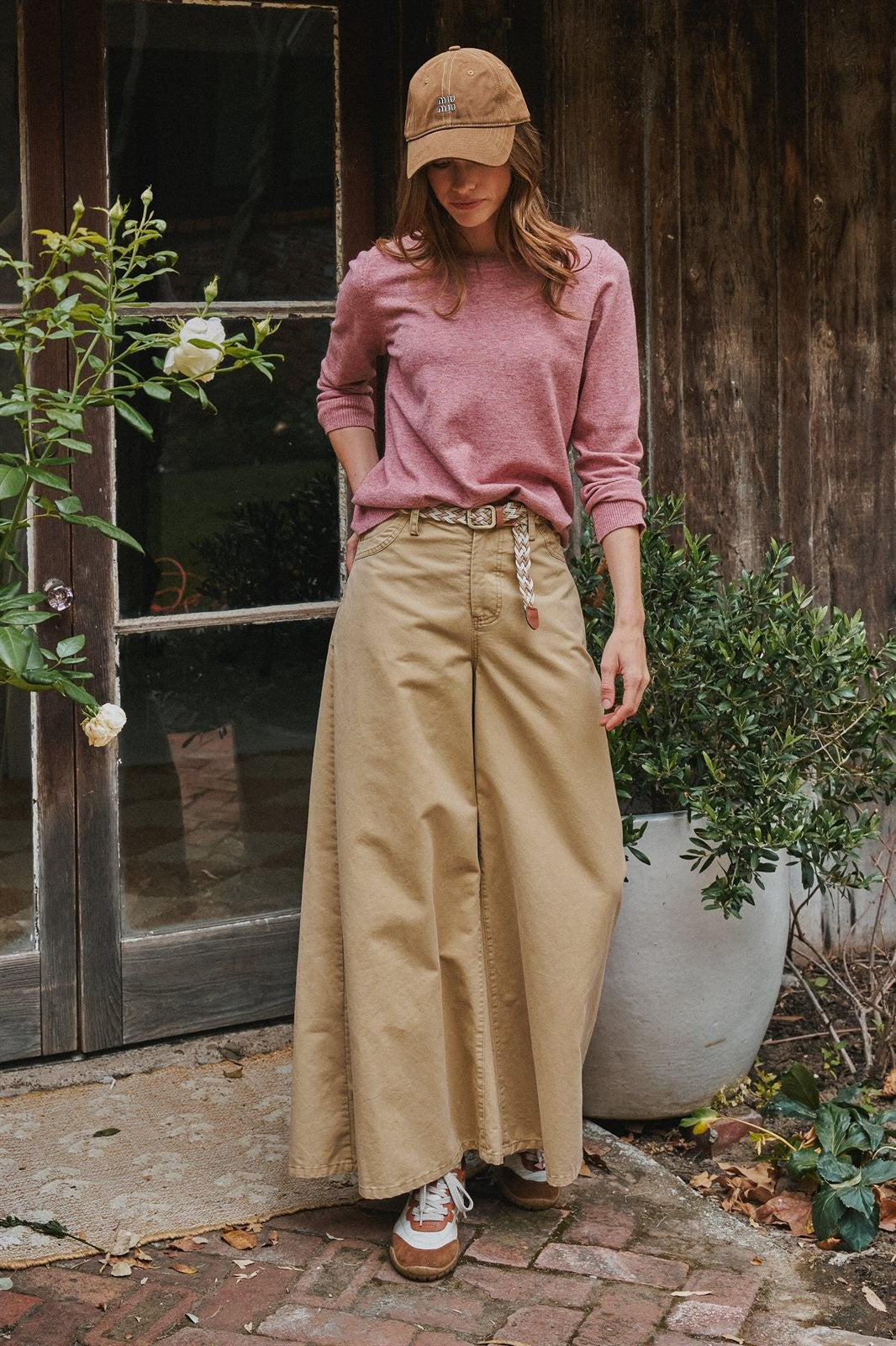 Washed Cotton Wide Leg Palazzo Pants with Belt in Khaki - Women's Casual Pants | Urban Daizy