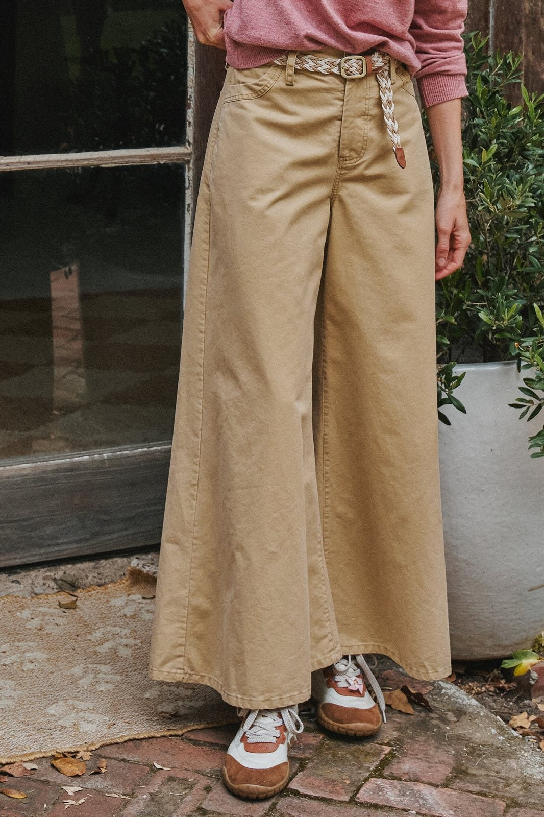 Washed Cotton Wide Leg Palazzo Pants with Belt in Khaki - Women's Casual Pants | Urban Daizy
